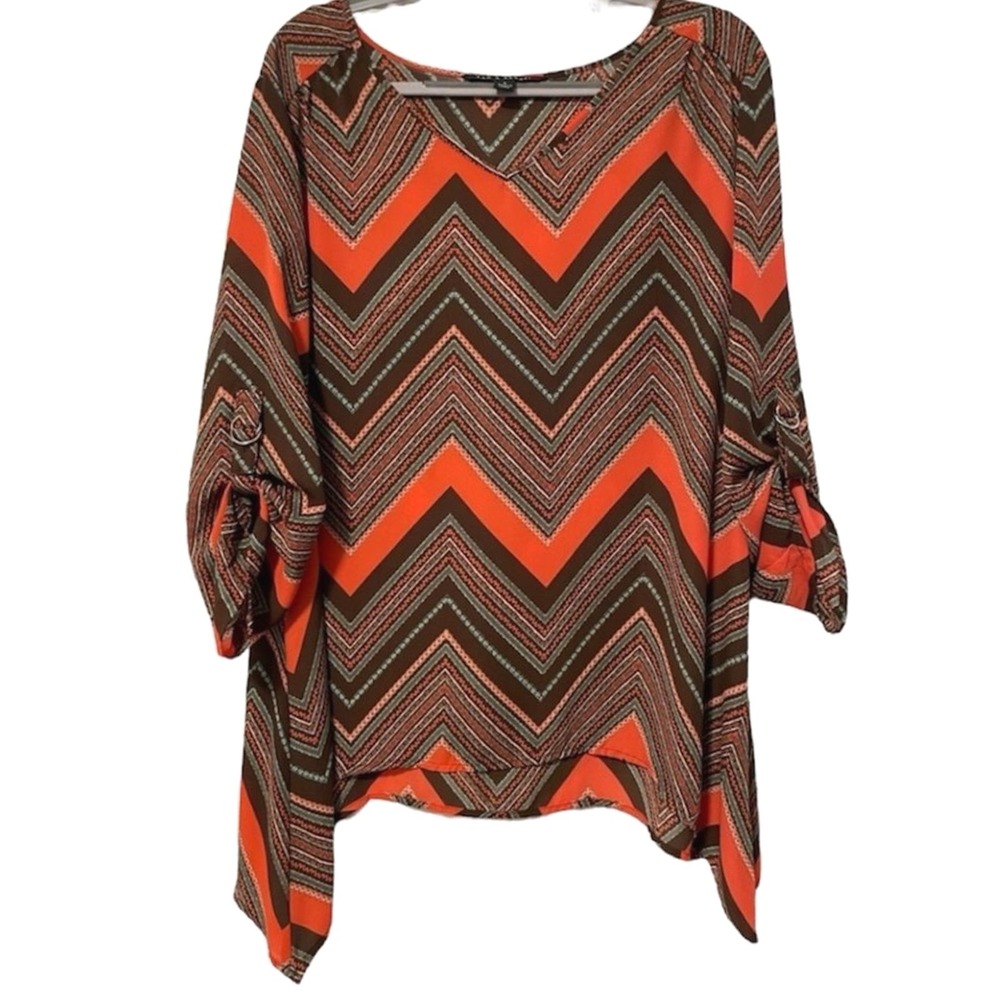 Zac & Rachel Blouse Orange Brown Chevron Boho Tab Sleeve Women Large